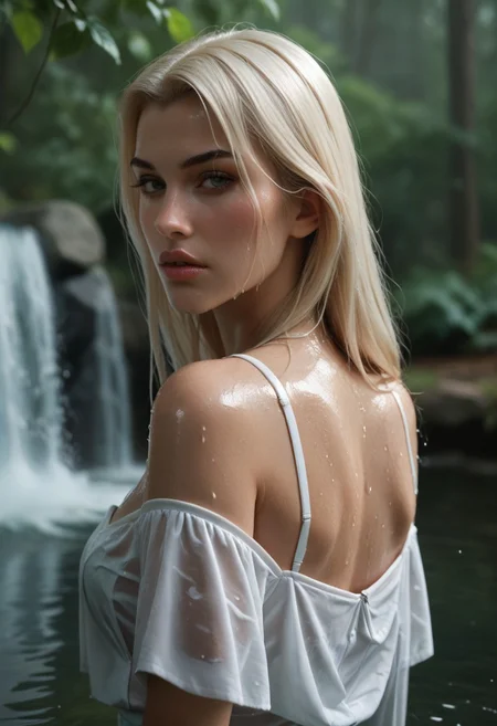 score_9, score_8_up, score_7_up,1girl, Emma frost, sexy, upper body, back, looking at viewer, self-hugging, wet sexy dress, parted lips, in water, small water fountain, in the middle of the forest, fog, morning,