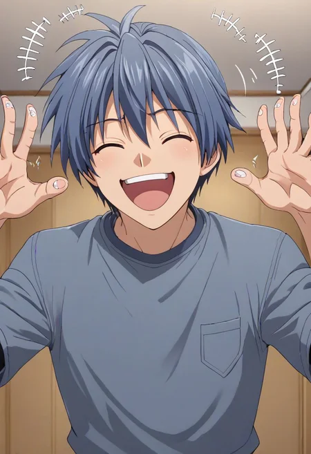 high resolution, solo, best quality, 1Boy, Tomoya Okazaki, Grey Blue Hair, laughing, tickled, OverallDetail
