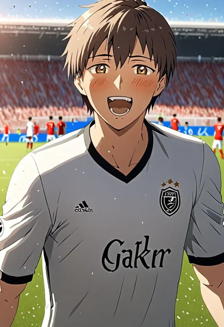 high resolution, solo, best quality, 1Boy, Takaki Toono, Brownish Hair, Brown Eyes, soccer player, field, portraits, sport photography, celebration, OverallDetail