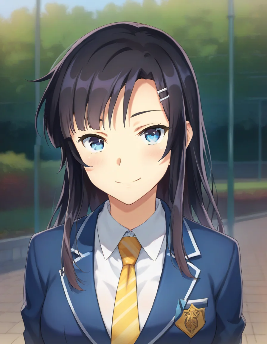 score_9,score_8_up,score_7_up,score_6_up BREAK official art,solo,outdoors,upper body,(portrait:1.5),looking at viewer,facing viewer,smile,Fujisawashi Ruri,long hair,black hair,hair ornament,hairclip,sidelocks,bangs,blue eyes,school uniform,light blue jacket,blazer,wing collar,yellow necktie,striped necktie,white shirt,collared shirt,medium breasts,long sleeves,skindentation,blue skirt,plaid skirt,pleated skirt,zettai ryouiki,black thighhighs,loafers,<lora:Fujisawashi Ruri(ns)-Pony:1.3>,<lora:Smooth Anime Style LoRA XL:0.8>,