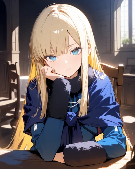 1girl,
ReinesElMelloiArchisorteFateGrandOrder,
sensitive, solo, upper body,
long hair, blonde hair, blue eyes,
looking at viewer,
light smile,
hand on own cheek, table,
fur collar, blue capelet,
blue jacket,
long sleeves, fur-trimmed sleeves,
blue dress,
sitting, chair,
medieval, room, moodie light,
depth of field,
<lora:kp_ReinesElMelloiArchisorteFateGrandAnimagineXL_v1_0:1.0>,
masterpiece, high score, great score, absurdres