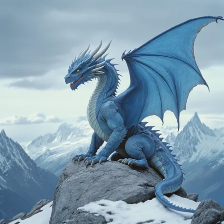 <lora:80sFantasyMovieV3SDXL:0.8> ArsMovieStill, 80s Fantasy Movie Still, The image shows a blue dragon perched atop a mountain with a backdrop of snow-capped peaks and a cloudy sky., no humans, dragon, mountain, cloud, wings, sky, solo, outdoors, rock, tail