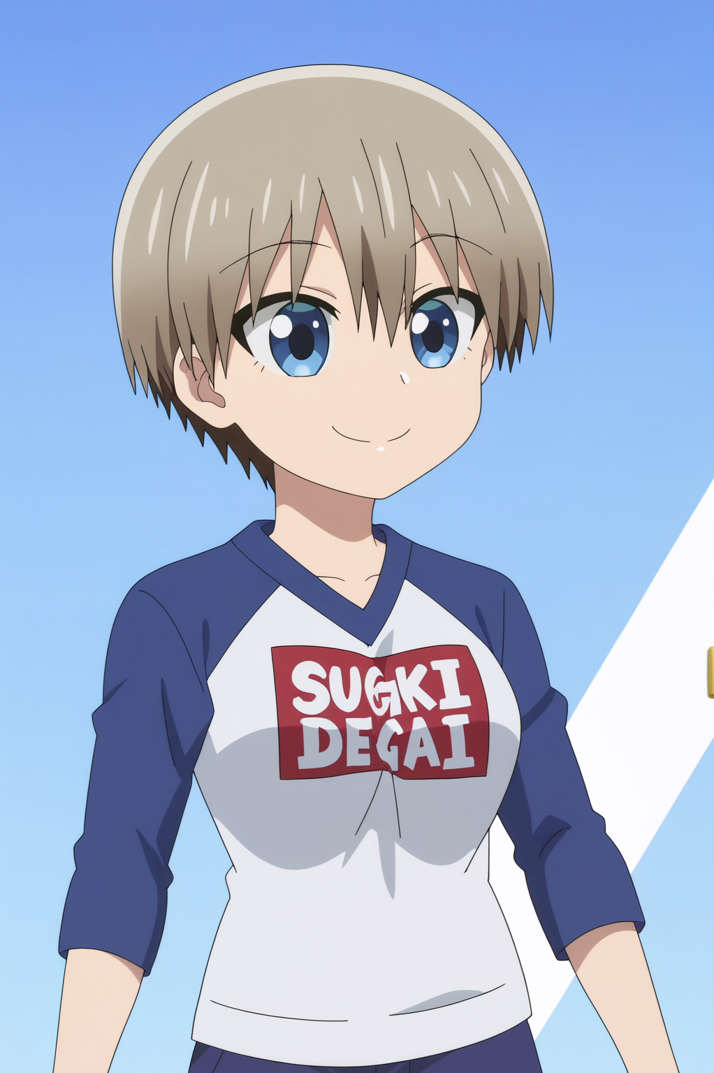 rating_safe,  anime screencap, consistent background,   Hana Uzaki, light smile, upper body, clothes writing, raglan sleeves <lora:Uzaki-chan_wa_Asobitai-Hana_Uzaki-PDXL:0.8>