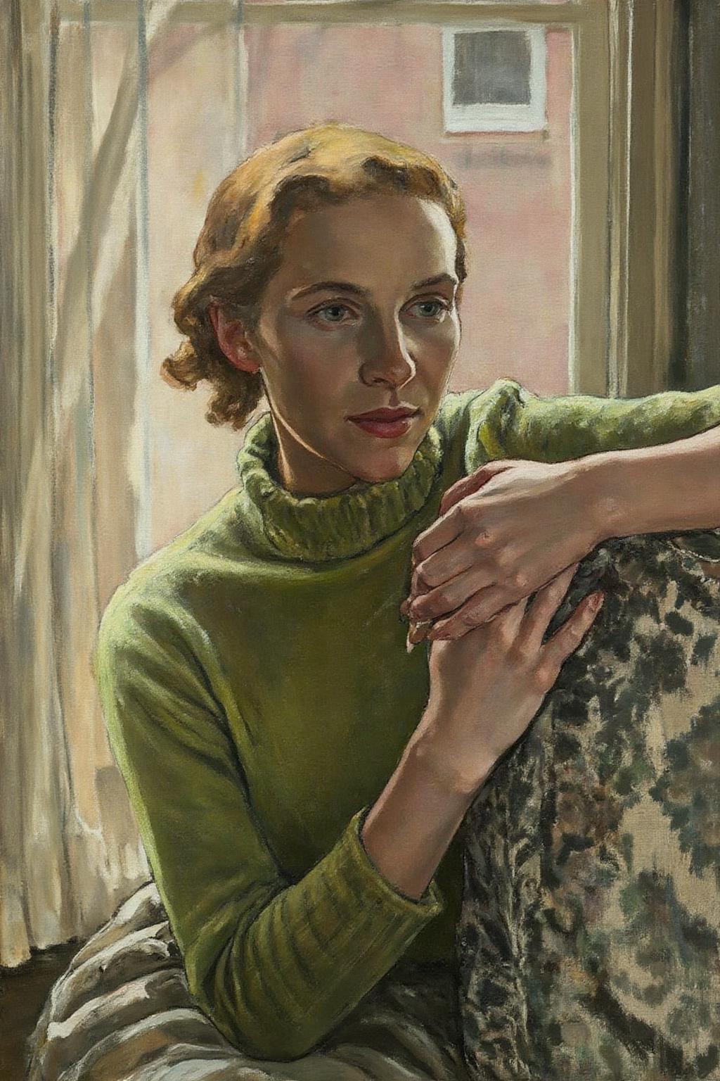 ethelleontinegabain1 painting.
A woman sitting on a patterned sofa, with her arm resting on the back of the sofa. She is wearing a green sweater. The background features a room with light-colored curtains and a wall. A building with a small window is partially visible behind the semi-transparent curtain. <lora:ethelleontinegabain1_cap_d8a4:1.0><lora:862153597620603306:0>