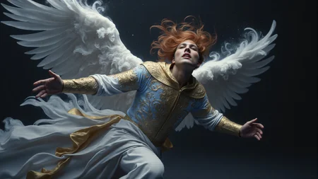wide-angle side view, Greek, fire theme, black-toned Social Realism photo of a heavenly mature futuristic clothed winged shouting air elemental dancing in a dark apocalyptic castle, intricate white and azure and bronze ebru, magical, frozen, billowing dark dust, very detailed <lora:aura_v2_beta2:0.6> <lora:BioInk2FLUX:0.5> <lora:Hand v2:1>