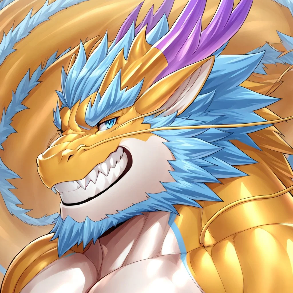 masterpiece, best quality, amazing quality, XinghejieOC male, bara, anthro western dragon, muscular, long tail, face focus, toothy grin,
