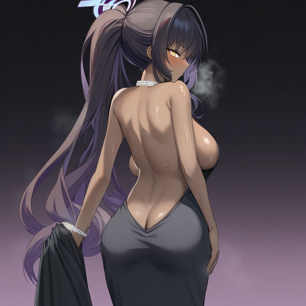 score_9, score_7_up, source_anime, BREAK, rating_explicit, (Karin_(Blue Archive)), (dark-skinned_female:1.2), 1girl, yellow eyes, dark skin, dark-skinned_female, source_anime, B4CKL3SSBUTTCR4CK, butt_crack, evening_gown, backless, sideless, dress, sideboob, shiny skin, sweat, flushed, steaming body