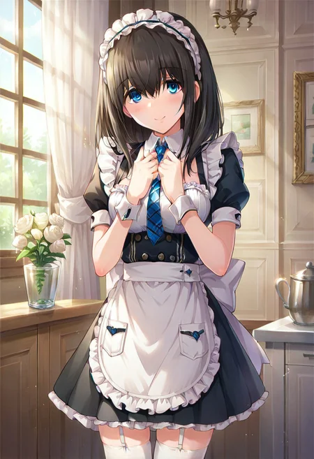 score_9, score_8_up, score_7_up, source_anime, sagisawa fumika, black hair, blue eyes,1girl, solo, maid, thighhighs, maid headdress, necktie, blush, apron, smile