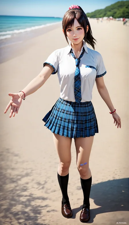 score_9,score_8_up,score_7_up,
<lora:miiyamotoHikari:0.8>,miiyamotohikari,1girl,solo,
vignetting,blurry background,
black hair,ponytail,bangs,scrunchie,pink scrunchie,
brown eyes,
school uniform,white shirt,skirt,pleated skirt,plaid skirt,blue plaid skirt,necktie,plaid necktie,blue plaid necktie,wristband,red wristband,kneehighs,black kneehighs,bandaid on knee,
shoes,leather shoes,
looking at viewer,smile,lips,
medium breasts,thick thighs,best hips,
outdoors,sea,stone road,
standing,reaching right hand,reaching  right hand to viewer,left hand down,front view,full body,