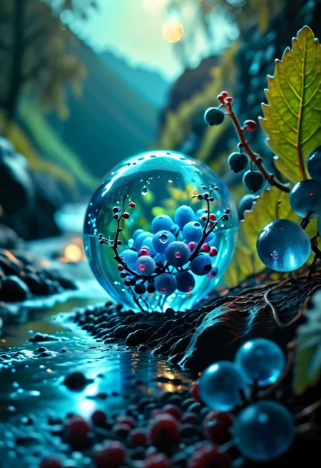 (8k analog nature photography:1.2), (a beautiful landscape:1.1) Extreme realism,  Insanely realistic, with a river in the distance, shiny sapphire (crystal:1.2) berries ,<lora:Bio-Luminescence:1> bioluminescent, glowing, focus on the fruit.