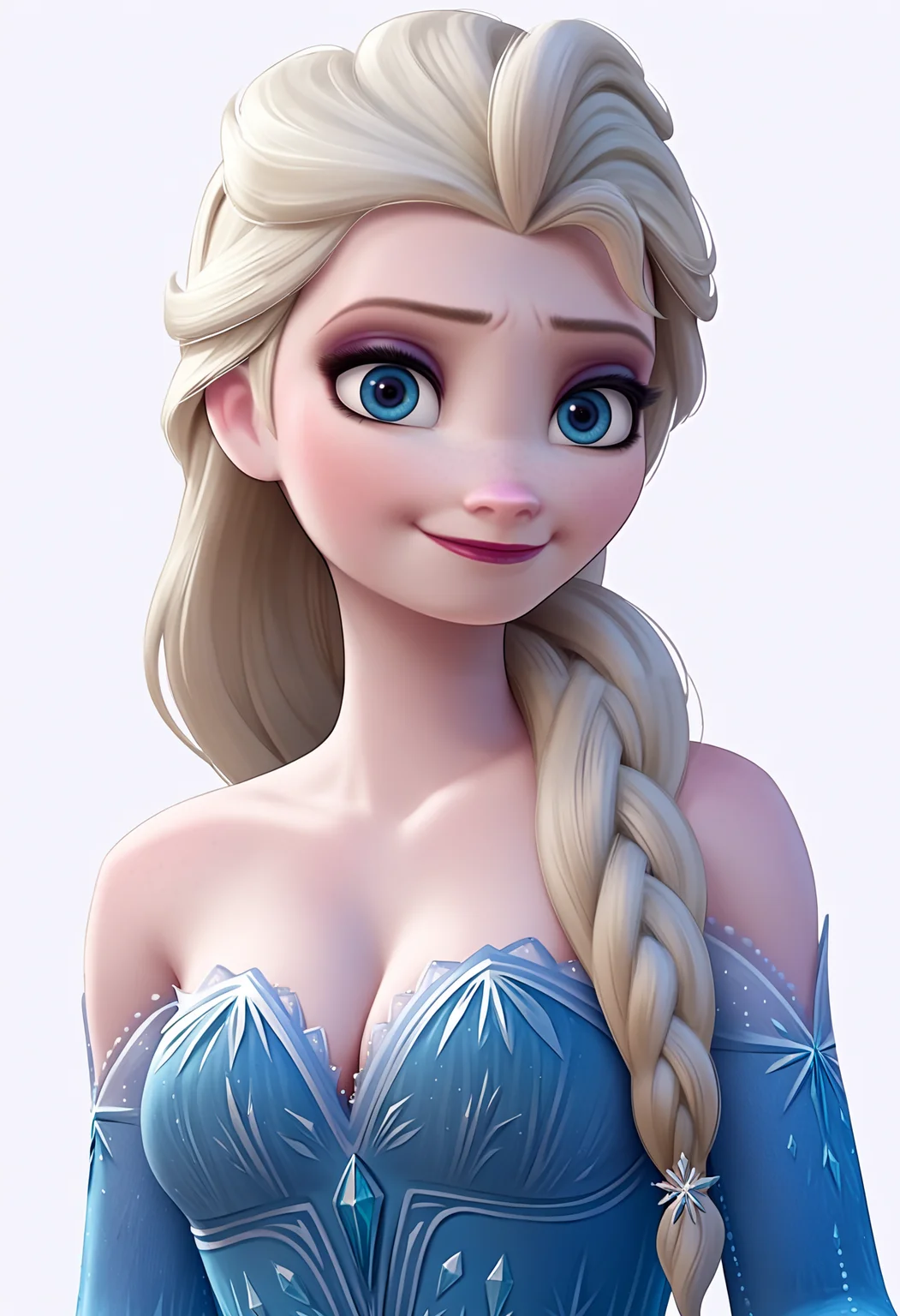 score_9, score_8_up, score_7_up, score_6_up, score_5_up, score_4_up, BREAK, source_anime,
1girl, elsa \(frozen\), blonde hair, hair over shoulder, long hair, blue eyes,
blue dress, bare shoulders, cleavage, makeup,
closed mouth, smile, looking at viewer, solo, simple background, white background <lora:ElsaXL:1>