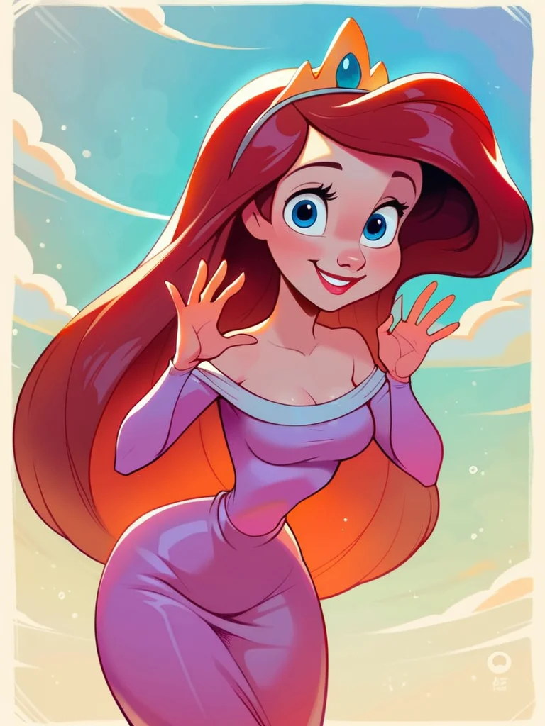score_9, score_8_up, score_7_up, score_6_up, ArielWaifu swimming on the sea next to a big rock, leaning forward, cute pose, medium breasts, narrow waist, wide hips, thick thighs, smile, blue eyes, pink dress, tiara, red long hair, disney style, looking at viewer, cute, detailed landscape, cowboy shot, cartoon, 4k, masterpiece, leaning forward, 
 <lora:ArielPonyXL_character-08:0.7>  <lora:PAINTED_ANIMATION_ART-STYLEV3:0.4>