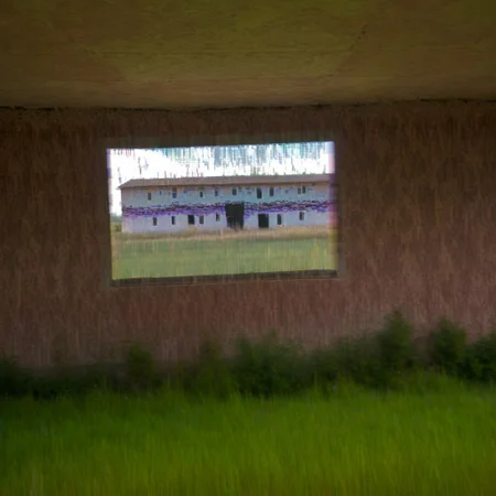 landscape, rural building covered with a glitch pattern, depth of field