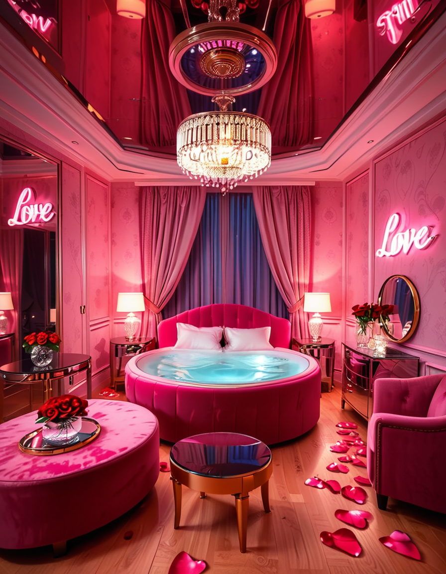 A luxurious, stylish love hotel room,love hotel r00m with a romantic and intimate atmosphere. The room features a large, round king-sized bed with silky red and black sheets, surrounded by soft, ambient lighting. Neon pink and purple LED lights illuminate the walls, creating a sensual glow. A plush velvet sofa sits near the bed, with a glass-topped coffee table holding champagne glasses and a chilled bottle of champagne. The ceiling has a large mirror, reflecting the entire room. On one side, thereâs a floor-to-ceiling window with sheer curtains, showing the night cityscape in the background. A modern jacuzzi tub with rose petals floating on the water is visible in the corner, surrounded by candles. The room has a sleek, modern design with a touch of opulence, including gold accents on the furniture and warm wooden floors. The lighting is dim and moody, emphasizing the romantic ambiance.
<lora:SDXLFaeTastic2400:0.4> <lora:extremely_detailed:0.4> extremely detailed, <lora:love_hotel_r00m:1>, Masterpiece,best quality,hi res,8k,hi res,8k,award winning,(sharp focus, intricate, highly detailed),