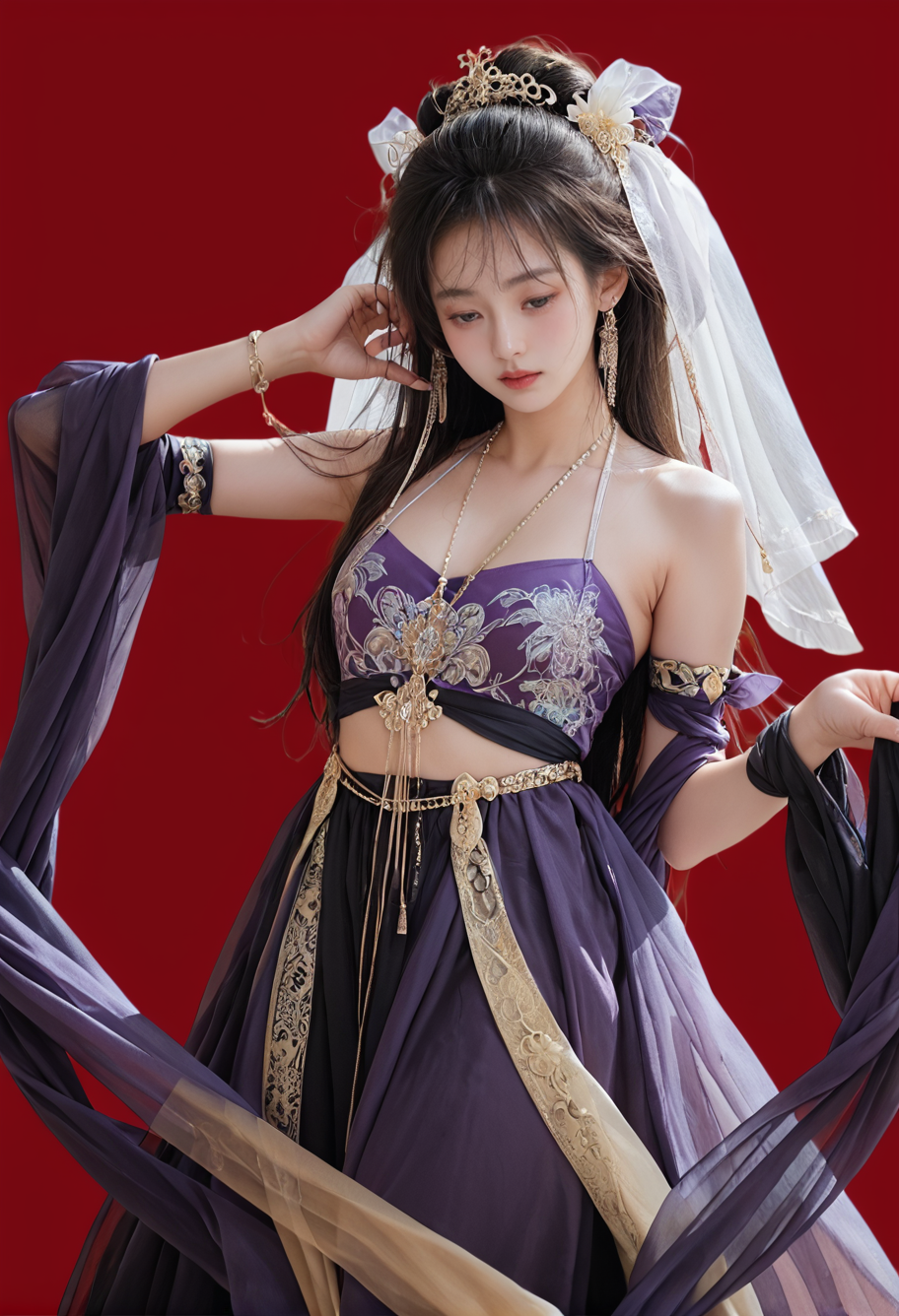 red background,1girl,solo,hair ornament,,ruanyi0757,detached sleeves,jewelry,purple dress,see-through,shawl,veil,<lora:0757 Exotic Priestess_v1_pony:1>, score_9,score_8_up,score_7_up,,8k,1girl,solo,