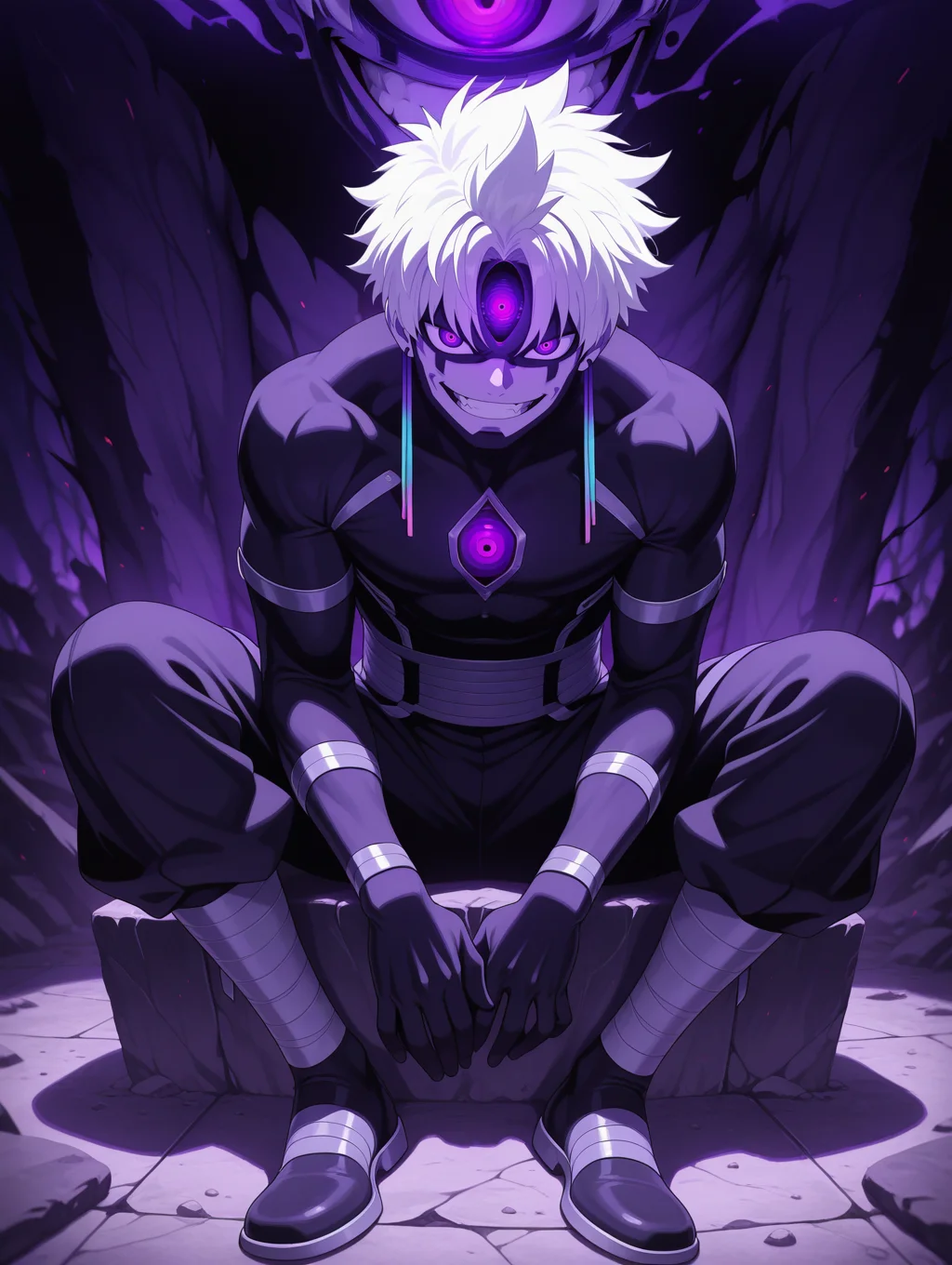 masterpiece, best quality, amazing quality, Evil eye, evil smile, grin, 1boy, white hair, facial mark, teeth, full body, sit