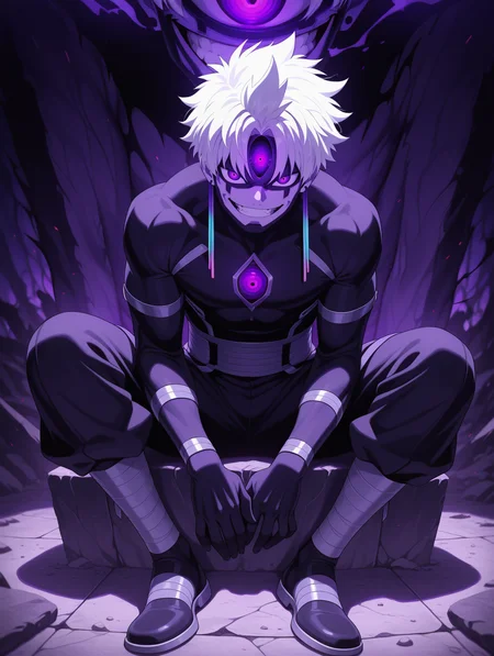 masterpiece, best quality, amazing quality, Evil eye, evil smile, grin, 1boy, white hair, facial mark, teeth, full body, sit