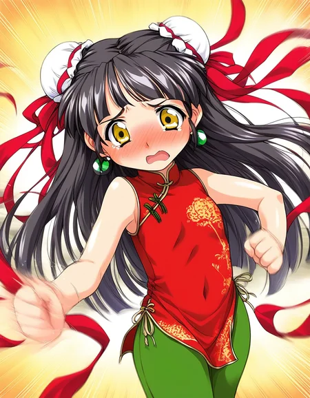 score_9, score_8_up, score_7_up, source_anime, rating_explicit, BREAK <lora:Kounyan_Ver2.0_XL:1> Kounyan, solo, black hair, long hair, double bun, hair bun, bun cover, yellow eyes, ribbon, earrings, green_jewelry, short stack,
red china dress, red ribbon, green pants, aura,
full-face blush, embarrassed, motion lines, motion blur,
fighting_pause, fight style,
looking at viewer,
cowboy_Shot,