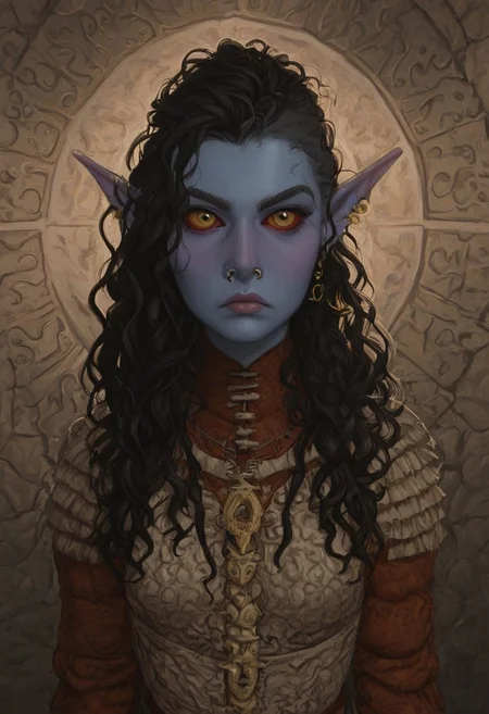safe_pos, solo, short pointy ears, piercings, random elf face, aquiline features, female dark elf, brow rings, nose rings, beaded piercings, weathered skin, large nose, insect chitin armor, insect chitin helmet, insect chitin ornaments, stylized insect pattern, athletic build, animated realism, zoomed out, Syrian features, torso, brass pipes and gears, intricate architecture, dwarven masonry, dwemer fixtures, white-green light, gloomy lighting, ancient ruins, interior, stone tiled floor, grey-blue skin, mahogany and ivory clothes, medium armor, bone plate armor, ivory straps and fittings, alien bone ornaments, grey wood neckguard, red sclera, black pupils, blue-green light, neon, highly detailed, defined features, looking at viewer, three quarters view, from above, dynamic lighting, 19 years old, light and shadows, patterned cloth, annoyed expression, expressive eyes, detailed medieval clothes, medium_breasts, very long hair, wavy hair, thick hair, beaded hair, braided hair, under cut hair, semirealistic, alien elf, spanish features, jewish features, black hair, dark red hair, umber skin, sharp features, pastel green inuit print cloak, nighttime, high detail, absurdres, pretty eyes, detailed eyes, yellow eyes,