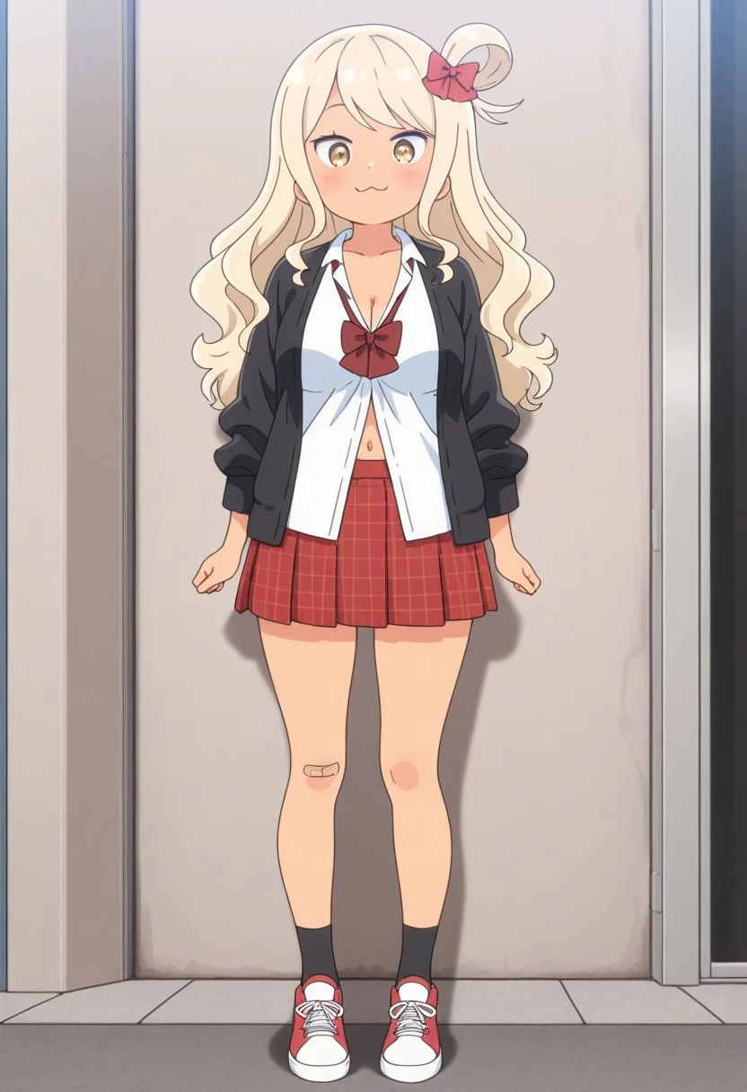 Masterpiece , best quality , amazing quality , a girl , tamanahariku , skirt, long sleeves, hair ornament,bow, navel, cleavage, medium breasts, hair bow, pleated skirt, open clothes, shoes, socks, bowtie, tan , open jacket, black jacket, swept bangs, red skirt, one side up, plaid skirt,, black socks, sneakers, bandaid on knee, :3,