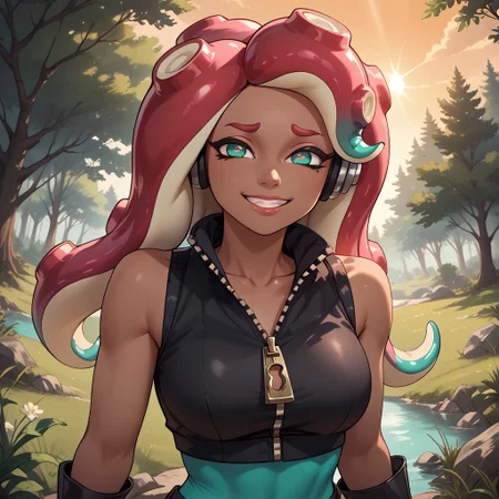 score_9, score_8, BREAK, marina(splatoon), octoling, dark brown skin, teal eyes with pink pupils in shape of infinity form, teal gradient on her fingers, dark brown tentacles with teal tips for hair, sleeveless black crop top, huge zipper, black short, teal tights, black boots, sexy pose, self portrait, smile, outdoors, sunlight, shadows, evening lighting, natural lighting, forest, trees, grass, orange sky, sunset