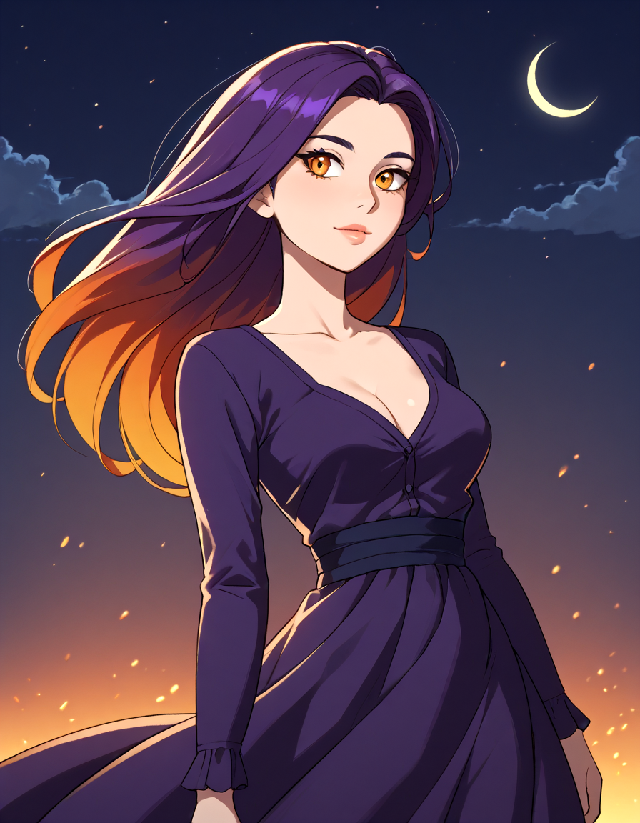 score_9, score_8_up, score_7_up, score_6_up, score_5_up, beautiful detailed portrait, beautiful Active Senior Woman, Petite Rectangle Body, Cool Almond Skin, beautiful detailed Low-Cheekbone Face, Fiery Orange eyes, Dark Violet Crimped Hair hair, Contemptuous, Wildflower Space Planets Belted Shirt Dress, Nighttime Fog, beautiful verdant park, beautiful sky, best quality, ultra-detailed, masterpiece, sharp intricate details