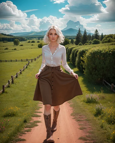 (Aerial view:1.4), (Sn0frid_v1, white hair:1.3), medium bosom, (style of Dorothea Lange) rugged frontier homestead woman, 1800s Montana, linen blouse, long skirt, apron, practical sturdy boots, earthy tones, natural fibers, rustic charm, sepia-toned aesthetic, arid golden prairie, wooden cabin, wildflowers, cracked soil, farm tools, weathered textures, sun-dappled lighting, determined expression, confident pose, wind-tousled hair, (dramatic clouds:1.2), vast open landscape, vintage authenticity, pioneering spirit ,