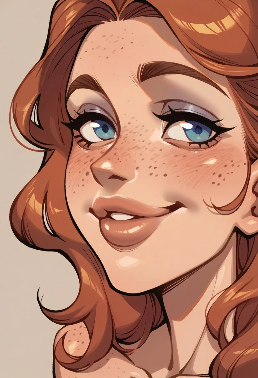 (Side profile:1.3), high detail, perfect face, very close-up, 1girl, long hair, red hair, light skinned female, (MILF:1.3), smug laughing expression, blue eyes, head tilted, plump lips, (up close shot of face, portrait:1.6), freckles
BREAK
score_9, score_8_up, score_7_up, score_6_up, source_cartoon, rating_explicit