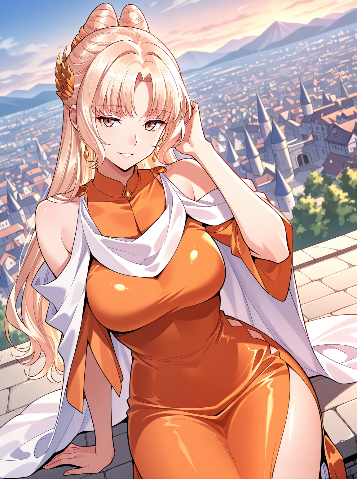 <lora:Jiang_Luoshen__I_am_the_Fated_Villain__Illustrious:1>
1 girl, solo, brown eyes, blonde hair, long hair, hair bun, bangs
long dress, earrings, orange dress, jewelry, White cape, side slit, hair ornament, bare shoulders
score_9, score_8_up, score_7_up, very aesthetic, source_anime, detailed, high quality, beautiful, masterpiece, detailed eyes, castle, village, blurry background, cityscape, pose dynamic angle, light smile, open mouth, hand on hair, sitting
