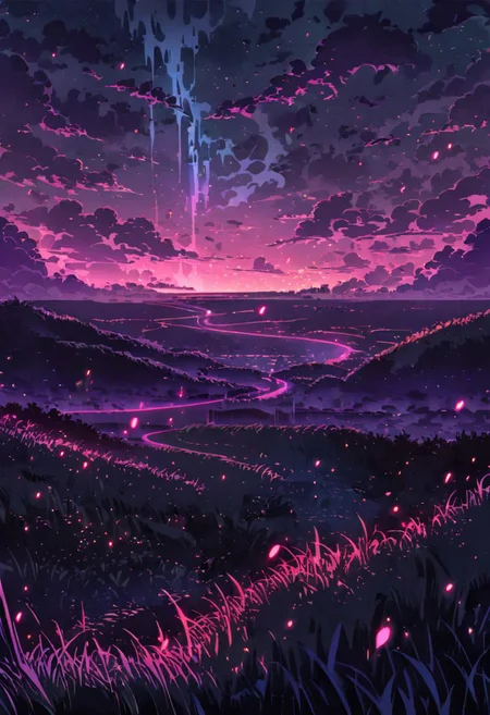 Very wide angle shot, big landscape, serene night, beautiful sky, Complex landscape, grassland, ocean, swirling mists and ghostly apparitions. Glowing will-o'-the-wisps Color temperature: Moody and deep . Lighting: Flickering torches casting long shadows. Atmosphere: goth horror. --v 5 --stylize 1000