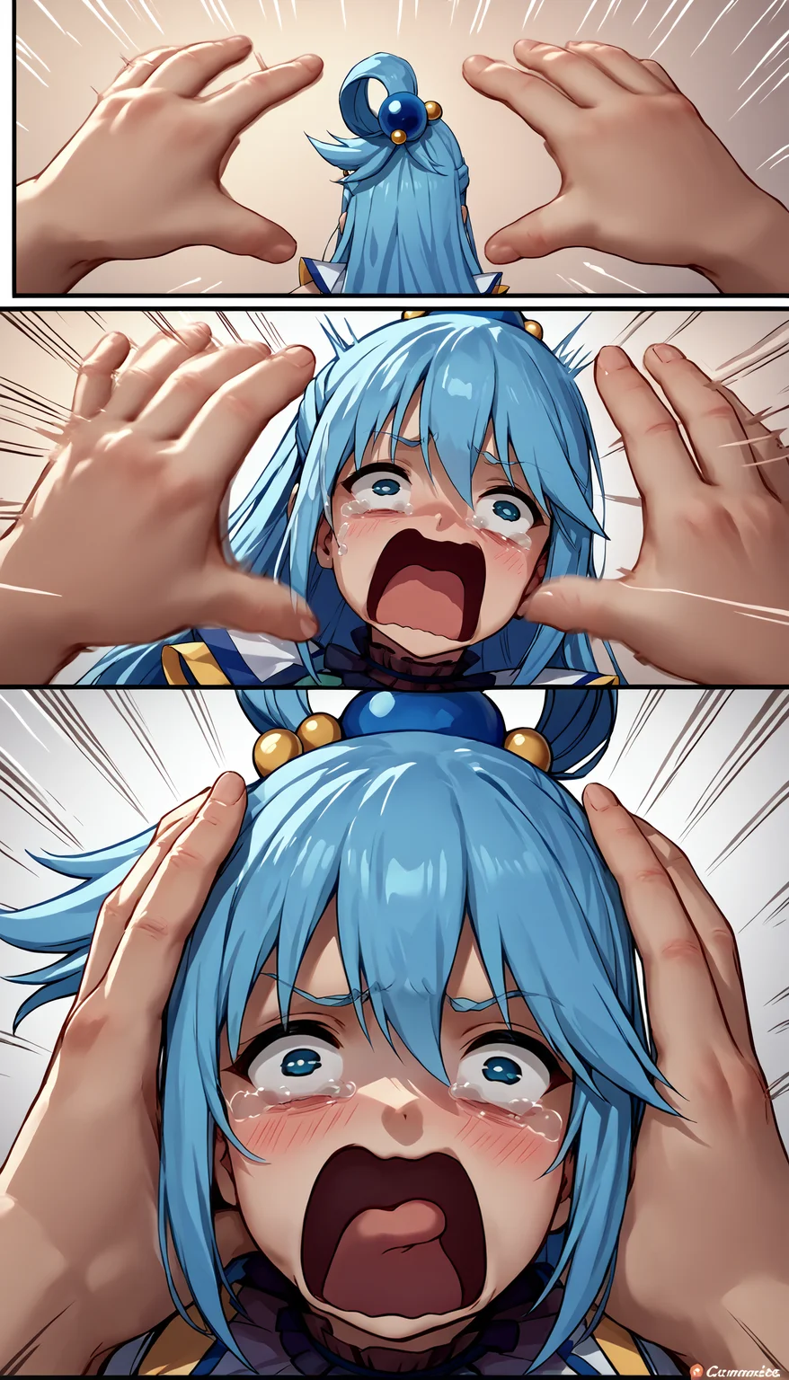 score_9, score_8_up, score_7_up, source_anime, incrssnootchallenge, comic, pov hands, motion lines, motion blur, <lora:SnootChallenge_XLPD:1>, <lora:concept_aquascreaming_ponyXL:1> aquascreaming, screaming, open mouth, crying with eyes open, aqua \(konosuba\),