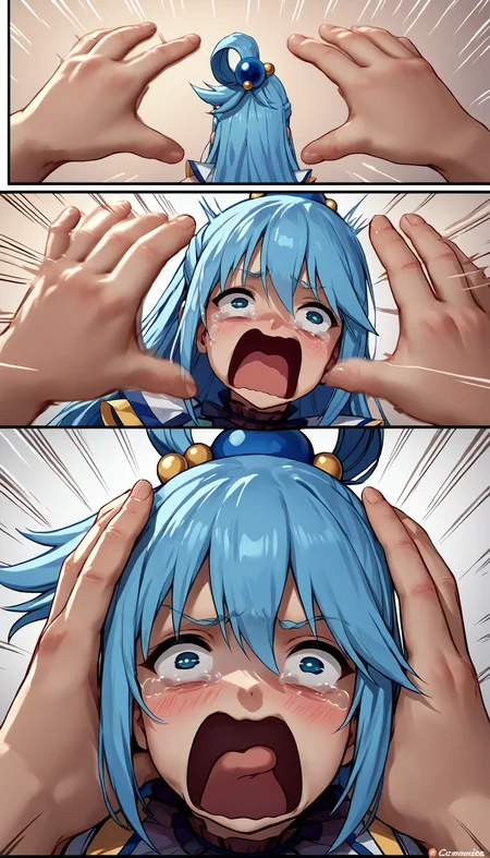 score_9, score_8_up, score_7_up, source_anime, incrssnootchallenge, comic, pov hands, motion lines, motion blur, <lora:SnootChallenge_XLPD:1>, <lora:concept_aquascreaming_ponyXL:1> aquascreaming, screaming, open mouth, crying with eyes open, aqua \(konosuba\),