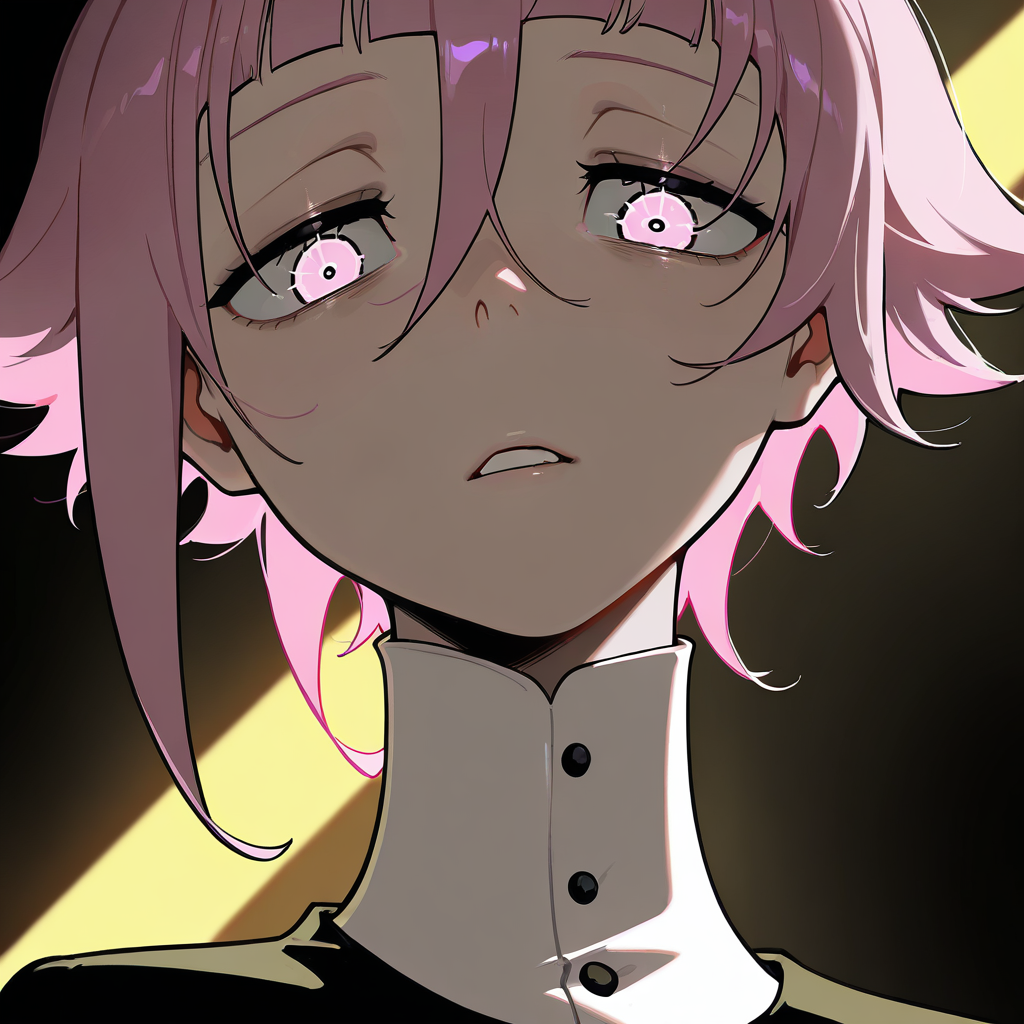 masterpiece, best quality, amazing quality, very aesthetic, absurdres,  newest, volumetric lighting,
souleaterstyle,crona,
1girl,solo,looking at viewer,short hair,bangs,simple background,hair between eyes,pink hair,parted lips,teeth,blunt bangs,portrait,style ,flat color
,masterpiece, best quality, amazing quality, very aesthetic, absurdres,  newest, volumetric lighting,
, <lora:soul_eater_illustrious:0.8>,