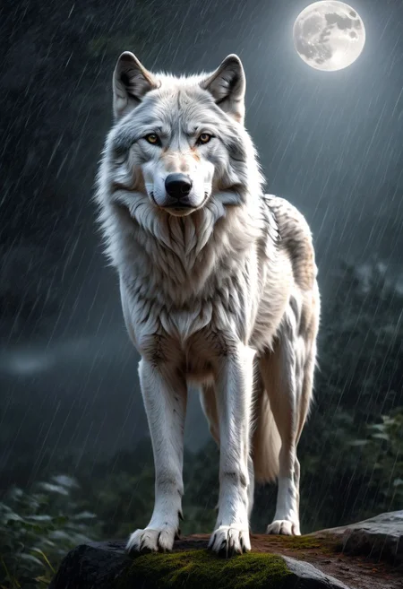 white-gray wolf, sad, determined. lonely but proud wolf, abandoned by his friends, looking at his friends from far away, (((howling))), extremely sad composition, masterpiece, bright fur, Royal, in a heavy rain, full moon, it's head is down, Photorealistic, volumetric shading, Hyperdetailed, perfect composition, beautiful detailed, 8k artistic photography, volumetric cinematic perfect light, award - winning photograph,