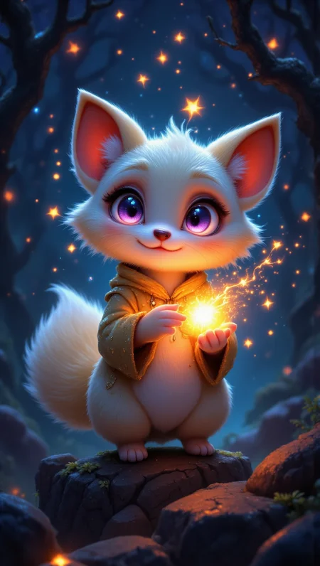 pinkfluxproultrafantasia, CreeepyCuteMagic, aidmaimageupgrader.
A small, round fox-like creature with fluffy peach-colored fur and a single large ear on top of its head. It has a tiny heart-shaped nose and large, expressive violet eyes that shine with wonder. It holds a glowing firefly in its little paws, surrounded by a softly blurred, magical nighttime forest. Ultra-realistic Pixar-style 3D rendering, cinematic lighting, highly detailed, ultra HD. Avoid additional facial features or extra limbs.