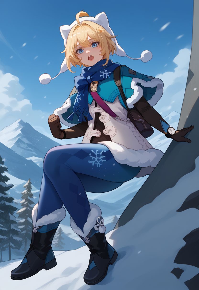score_9, score_8_up, score_7_up, source_anime, 1girl, lynxlandaudef, 1girl, blue eyes, blonde hair, short hair, ahoge, hat, blue scarf, fur trim, fur-trimmed capelet, blue capelet, white jacket, winter clothes, blue pantyhose, snowflake print, black elbow gloves, watch, fur-trimmed boots, climbing, pickaxe, holding pickaxe, open mouth, outdoors, snow, mountain, close-up, upper body, <lora:LynxLandau_v1-000010:1>