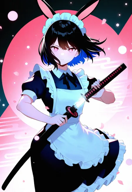 masterpiece, best quality, newest, absurdres, highres, 1girl, black hair, maid outfit, bunny ears, red and pink hues, cute-chibi elements, pink, katana, iaidou,weapon, katana, holding sword, ready to draw, sheathed, unsheathing, scabbard, determined expression, black ribbon, short hair, absurd, wind, particles, cowboy shot, abstract background, shapes, dreamy, failling petals, cherry trees,