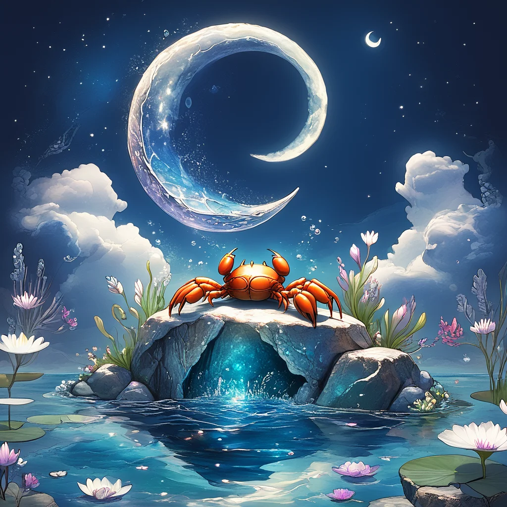 Score_9, score_8_up, score_7_up, score_6_up, <lora:ArsMJStylePony:1>, ArsMJStyle, Cancer, The image shows a crab perched on a rocky shore, bathed in the soft glow of a crescent moon. The crab's shell is a deep blue, with intricate silver patterns resembling the night sky. Surrounding the crab are gently illuminated water lilies floating in a calm tide pool, their petals reflecting the moonlight. The background features a tranquil ocean with gentle waves lapping against the rocks. The overall color palette is serene, with cool shades of deep blue, silver, and soft white, creating a peaceful, mystical atmosphere., no humans, animal, crab, shell, water, moon, crescent moon, ocean, night, serene, glowing, water lilies, rocks, soft light, tranquility