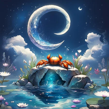Score_9, score_8_up, score_7_up, score_6_up, <lora:ArsMJStylePony:1>, ArsMJStyle, Cancer, The image shows a crab perched on a rocky shore, bathed in the soft glow of a crescent moon. The crab's shell is a deep blue, with intricate silver patterns resembling the night sky. Surrounding the crab are gently illuminated water lilies floating in a calm tide pool, their petals reflecting the moonlight. The background features a tranquil ocean with gentle waves lapping against the rocks. The overall color palette is serene, with cool shades of deep blue, silver, and soft white, creating a peaceful, mystical atmosphere., no humans, animal, crab, shell, water, moon, crescent moon, ocean, night, serene, glowing, water lilies, rocks, soft light, tranquility