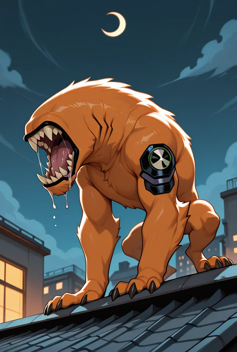 <lora:wildmutt-06:1> wildmutt, solo, no humans, claws, sharp teeth, no eyes, no ears, drooling, standing on rooftop, howling, crescent moon, masterpiece, best quality, amazing quality, very aesthetic, absurdres, newest,