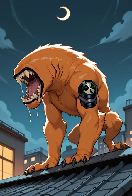 <lora:wildmutt-06:1> wildmutt, solo, no humans, claws, sharp teeth, no eyes, no ears, drooling, standing on rooftop, howling, crescent moon, masterpiece, best quality, amazing quality, very aesthetic, absurdres, newest,