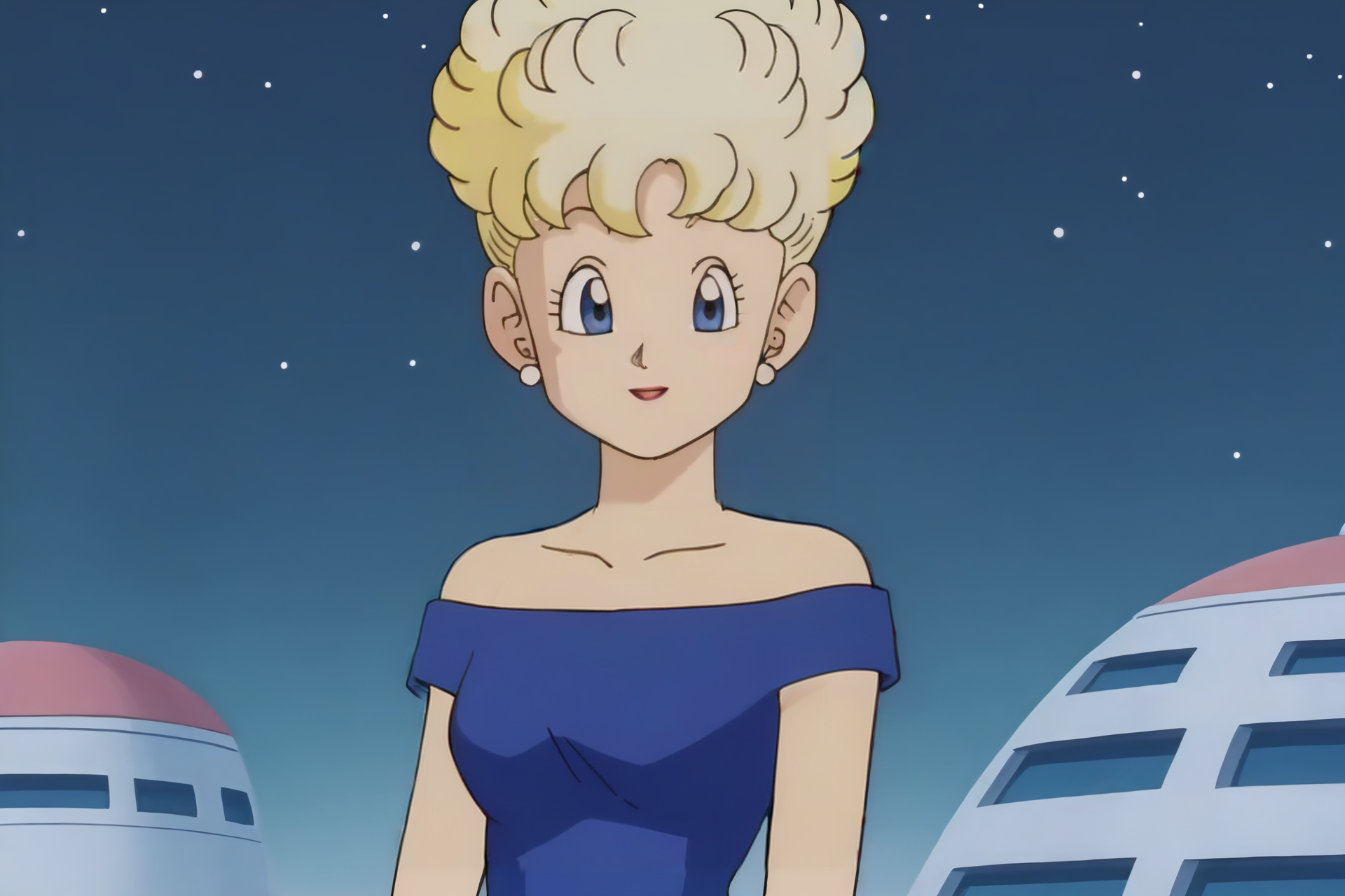 source_anime, score_9, score_8_up, score_7_up, anime screencap,
panchy, blonde hair, short hair, curly hair, blue eyes, 
star \(sky\), neon, 
long blue dress, collarbone, bare shoulders, 
 <lora:panchy_pony_v1:0.8>