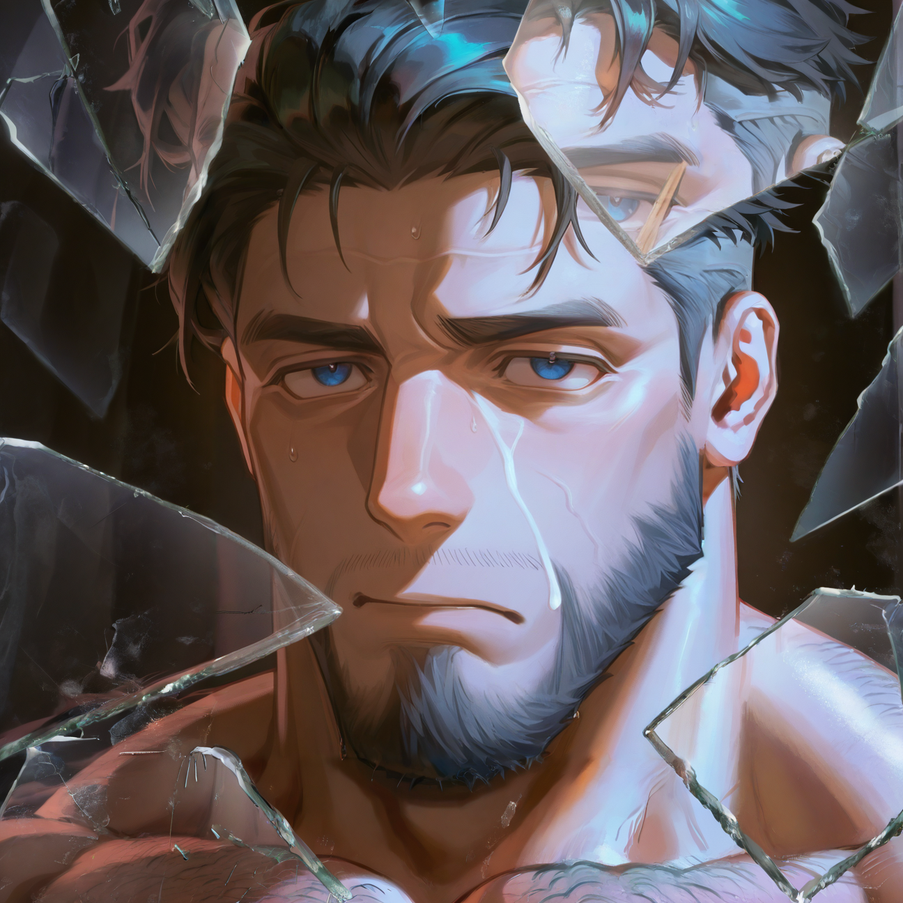 <lora:hsBrokenGlass1llust:.9> broken glass,glass shards,glass,reflection,looking at viewer, ((face focus, close-up)), 
<lora:face_Artist6p-10:.55>, Artist6p, Artist04p, facial hair, beard, black hair, blue eyes, very short hair, 
aixiwuganda_(20222192), (artist:niichi \(niichi21\):0.5), (artist:jezz mons art:0.8), (artist:my eight:0.8), facial hair, stubble,
solo, muscular male, bara, mature, asian, (hairy, hairy body), short hair, male focus, facial hair, 
silk suit,
very awa, masterpiece, best quality, absurdres, newest, perfect quality, detailed background, intricate details,
<lora:slider_Body Type_alpha1.0_rank4_noxattn_last:1><lora:style_Anime Summer Days 2 Style SDXL_LoRA_Pony Diffusion V6 XL:.6><lora:style_Low-Key Lighting Style - pony:.5>, DARK, DARK BACKGROUND, LOW-KEY LIGHTING <lora:slider_cfg_scale_boost:.7>