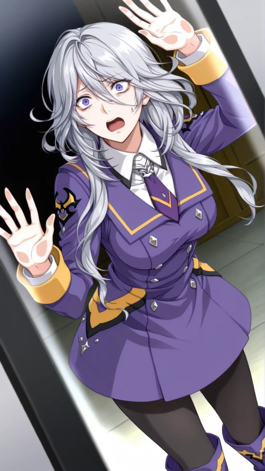 source_anime, general, best quality, masterpiece, 1girl, <lora:Ziony_Regis_ill_v1.0:1> ziony_regis\(srw\),blue eyes, white hair,grey hair, purple eyes,military uniform, long hair, black pantyhose ,purple high heel boots, purple necktie, panicking, despair , dynamic pose, dutch angle, against glass, cowboy shot,