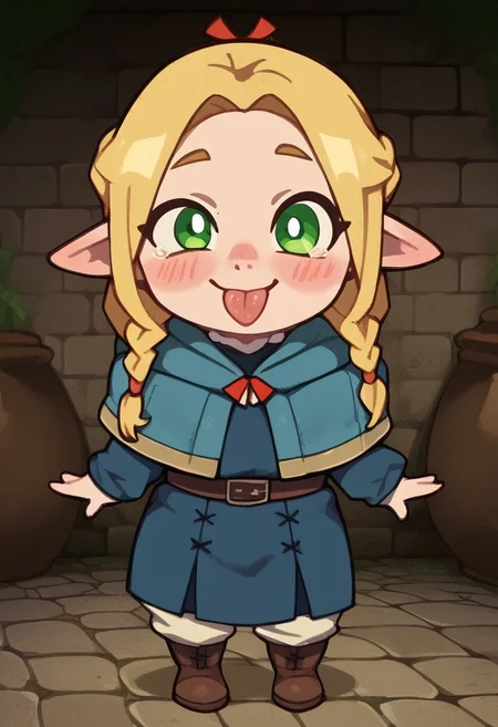 score_9, score_8_up, score_7_up, score_6_up, score_5_up, score_4_up, masterpiece, perfect face, perfect eyes, 4ng3l face, sexy girl, 1girl, ((bluemake)), chibi, short chibi, very short chibi, Marcilledonato, blonde hair, green eyes, white pupils, blue capelet, twin braids, blue robe, ((solo)), looking at viewer, blushing, smiling, one eye closed, tongue out, v, standing, dungeon background