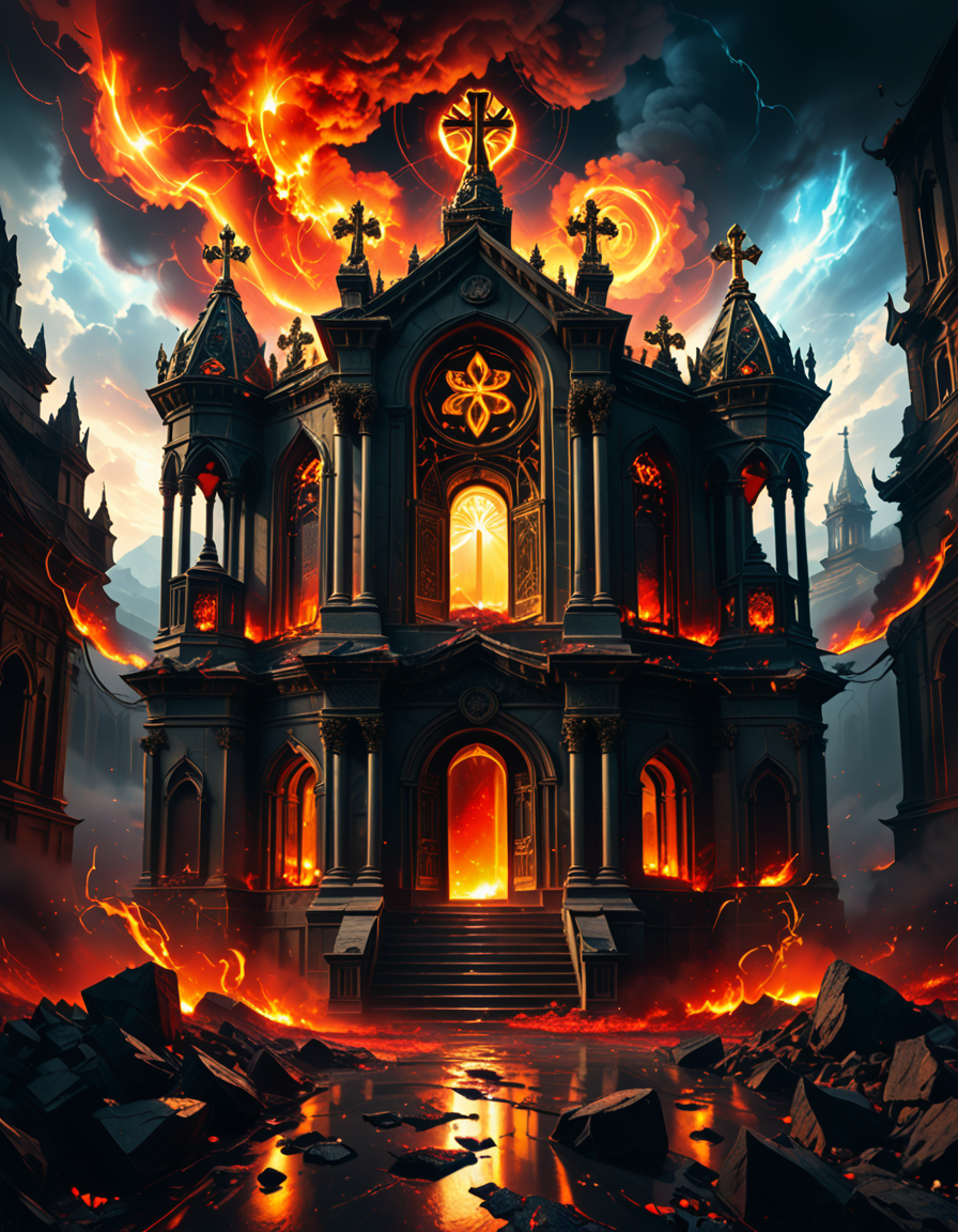 A once-majestic celestial temple, now under siege by the forces of Hell. The grand white stone structure is cracked and scorched, its golden crosses twisted and broken. The stained-glass windows, once glowing with warm divine light, are now shattered, with demonic symbols glowing ominously in their place. The sky, once a serene blue, is now consumed by dark storm clouds, swirling with red lightning and thick smoke.
Black, jagged chains extend from the sky, wrapping around the temple as if trying to pull it down into the abyss. The once-fluffy clouds beneath the structure are now a chaotic mix of fire, ash, and dark mist, with glimpses of molten lava cracks below. Infernal creatures with glowing red eyes lurk in the shadows, their silhouettes barely visible through the smoke and fire.
The temple doors are blown open, revealing an eerie red glow emanating from within, as if Hell itself is consuming the sacred space. Massive demonic runes are etched into the stone, pulsating with an unholy energy. The entire scene is bathed in a deep crimson and orange glow, giving it an apocalyptic and nightmarish atmosphere.
Style & Lighting:
- Dark fantasy, highly detailed
- Dramatic, high-contrast lighting with fiery glows
- Cinematic composition, epic scale
- Strong use of shadows, embers, and atmospheric foghighly detailed and atmospheric view from inside a massive birdcage, large enough for a human to stand inside. The cage is made of ornate, aged metal bars with intricate Victorian-style patterns, curving elegantly towards the domed ceiling. Sunlight filters through the gaps between the bars, casting long, dramatic shadows on the wooden floor. Delicate vines and small flowers have begun to grow around the bars, adding a touch of nature reclaiming the space. The background beyond the cage is blurred, hinting at a lush garden or a mysterious, abandoned mansion. The ambiance is serene yet slightly melancholic, with warm golden light illuminating dust particles floating in the air. Soft feathers are scattered on the floor, adding to the sense of quiet abandonment. The perspective makes the viewer feel as if they are inside the cage, looking outward, surrounded by both beauty and confinement. The style is highly detailed and realistic, with a cinematic and slightly surreal atmosphere.
<lora:SDXLFaeTastic2400:0.4> <lora:extremely_detailed:0.4> extremely detailed,evil celestial t3mpl3, <lora:evil_celestial_t3mpl3-p:1>, Masterpiece,best quality,hi res,8k,hi res,8k,award winning,(sharp focus, intricate, highly detailed),