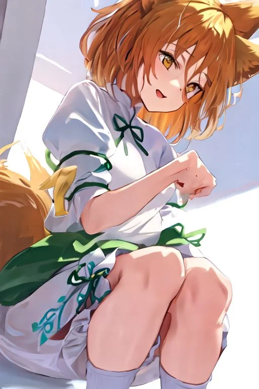 solo_focus, 1girl, ((white background, simple background)):2, (((masterpiece))), ((best quality)), ((ultra-detailed)), high resolution, absurdres, highres, ultra-detailed 8k unity wallpaper,
Kudamaki Tsukasa, fox ears, fox tail, hair between eyes, white romper, green ribbon, white socks,
