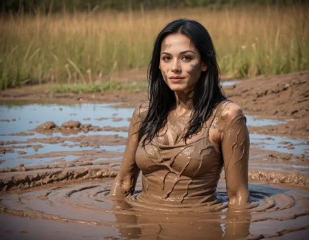 score_9,score_8_up,realistic,1girl,<lora:Sploshing:1>,(fully clothed:1.2),black hair,covered in mud,messy,
