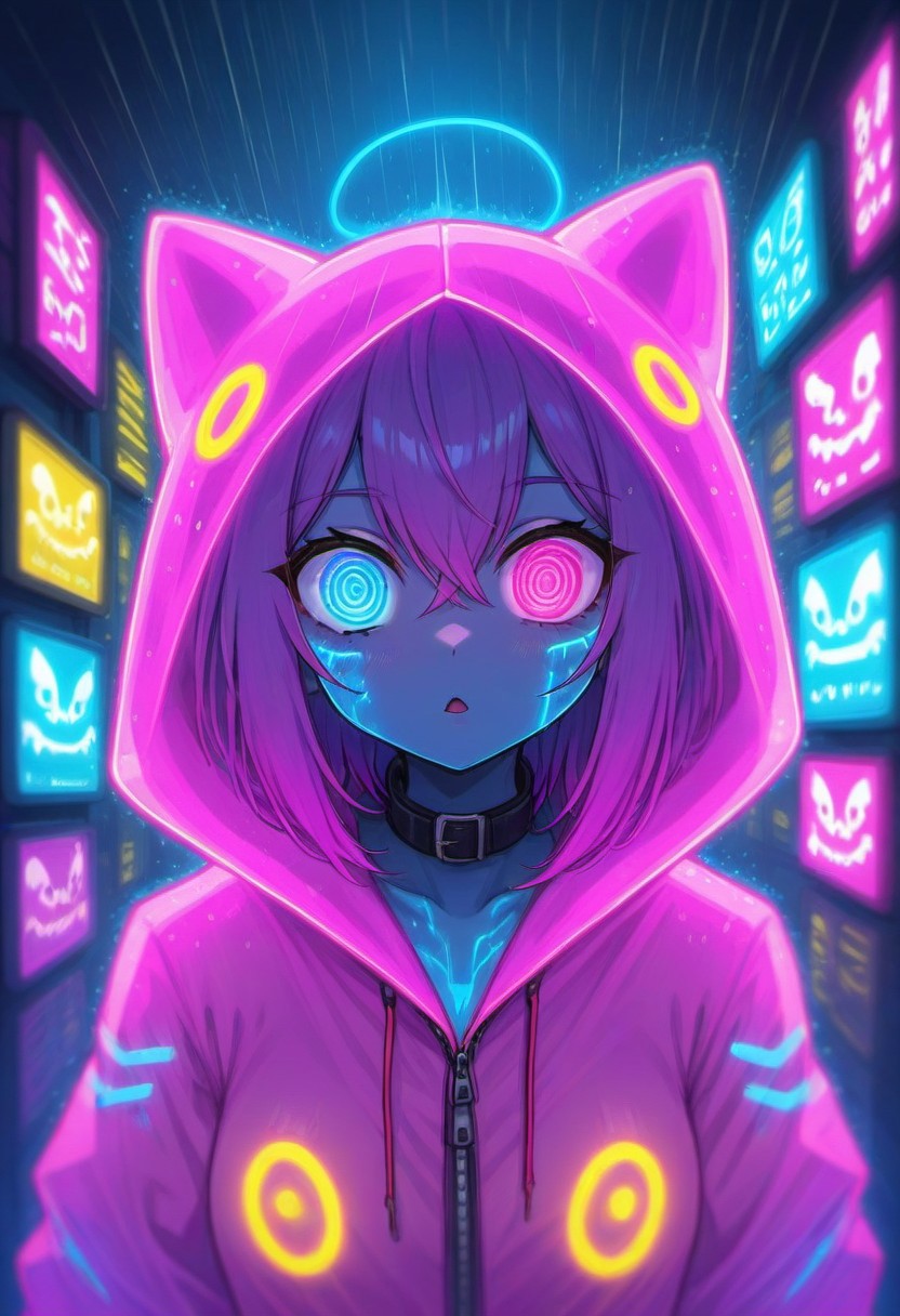 CyberPsycho, Rain Ghost with iridescent blue iridescent blue-purple and light blue color palette
neon lights