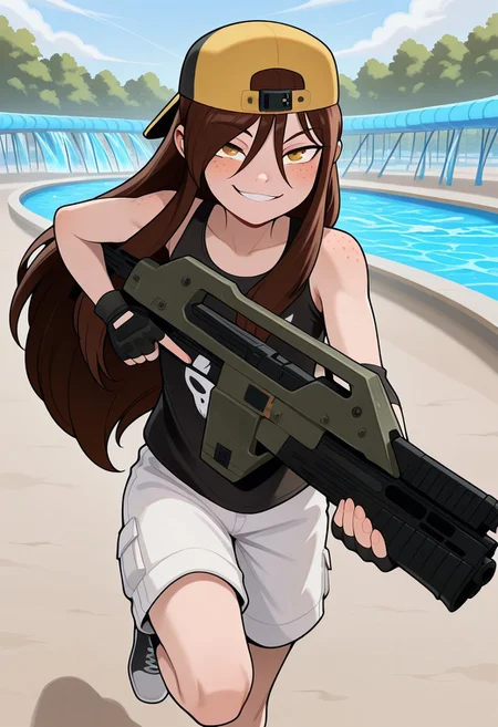 masterpiece, best quality, absurdres, 1girl, solo, female focus, Carol_CTO, freckles, brown hair, asymmetrical bangs, long bangs, bangs between eyes, sidelocks, very long hair, hair down, CTO_ska, backwards hat, baseball cap, yellow headwear, tank top, black tank top, print tank top, cargo shorts, white shorts, smug, smile, gloves, fingerless gloves, outdoors, water park, Plsrifl, assault rifle, holding gun, running, running towards viewer, no trigger discipline,